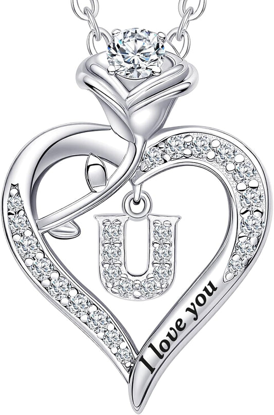 Rose Heart Pendant Necklace Gifts for Wife, Engraved 'I love you' Gift for Wife Girlfriend, Anniversary Birthday Eternity Jewelry Present for Women, Moissanite Necklace Gift for Her