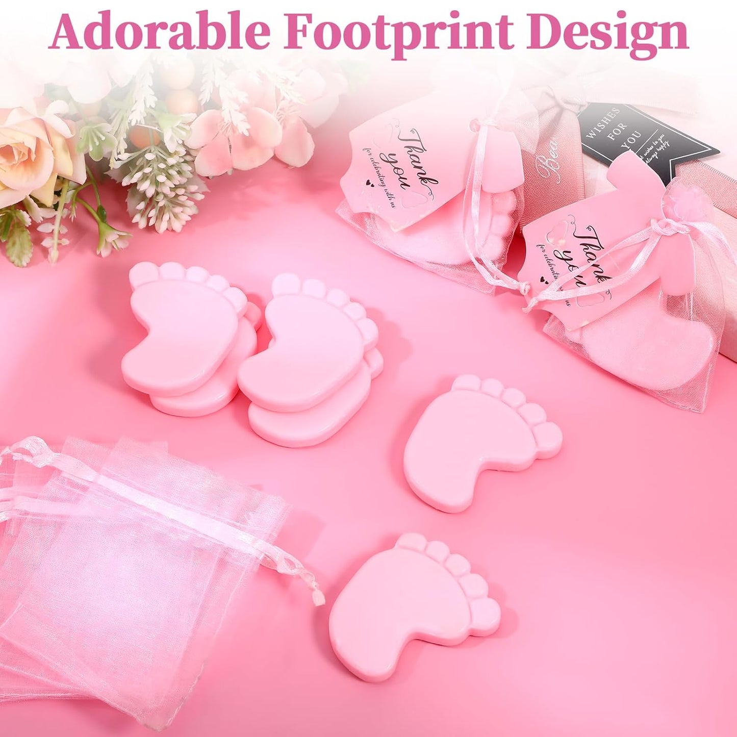 60 Set Baby Shower Soap Favors, Baby Shower Favors Handmade Feet Party Bulk Gifts for Guests with Thank You Tags and Organza Bags, Pink Themed Return Gift for Women Birthday Gender Reveal
