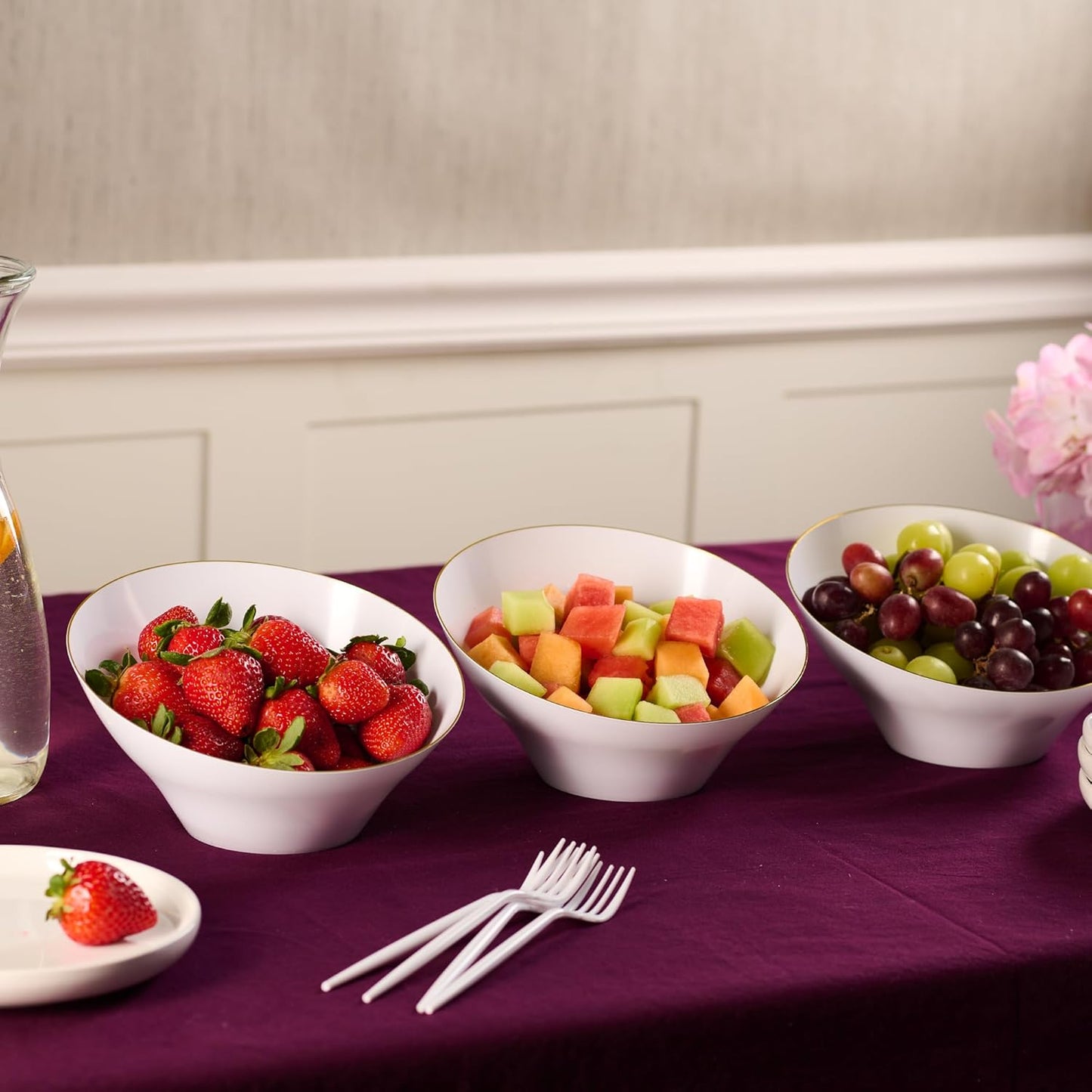 PLASTICPRO Angled Plastic Bowls Disposable Medium Plastic White Serving Bowls with Gold Rim for Party for Appetizer Salads Pack of 4