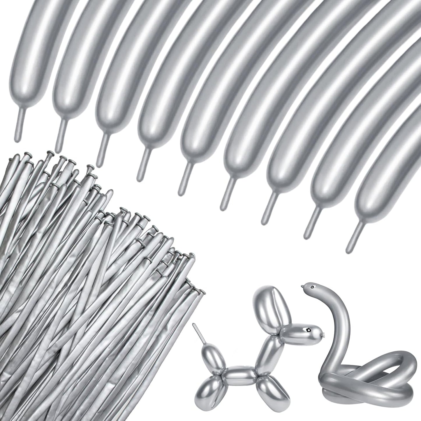 100Pcs 260 Balloons Metallic Silver Long Balloons for balloon animals, silver Skinny Latex Twisting Balloon for Animals Modeling Christmas Birthday Wedding Party Decorations.(Sliver)