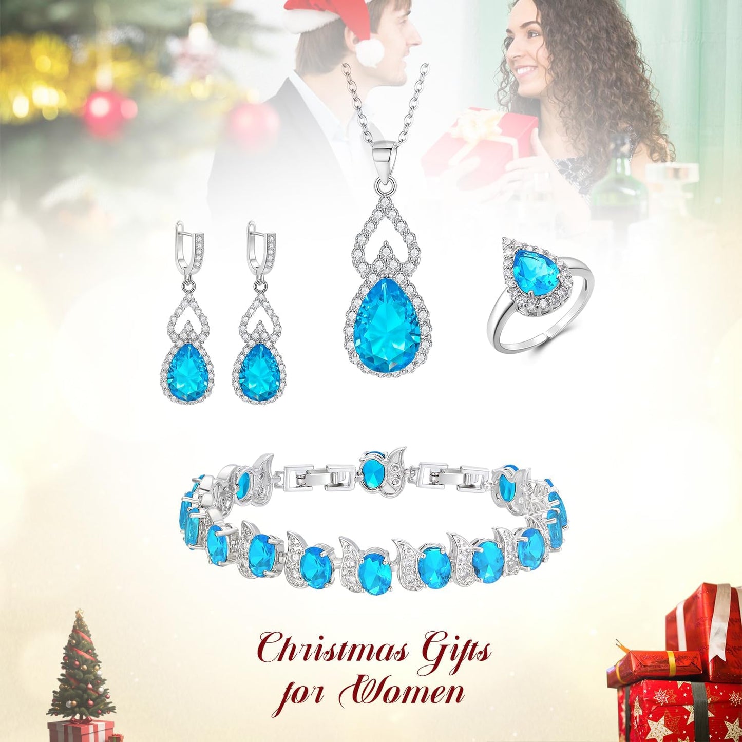 BriLove Wedding Jewelry Set for Women Bride Bridesmaid, Gorgeous Cubic Zirconia Teardrop Necklace Earrings Bracelet Adjustable Ring Jewelry Gift for Birthday/Anniversary/Mother’s Day