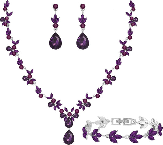 Bridal Wedding Elegant Floral Jewelry Set for Women/Brides/Bridesmaids Crystal Jewelry Set for Wedding Prom Party Bridal Crystal Necklace Earrings Bracelet Set