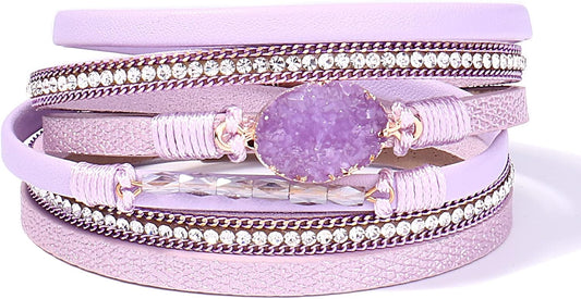 FANCY SHINY Leather Wrap Bracelet Boho Cuff Bangle Bracelets Crystal Bead Bracelet with Magnetic Clasp Jewelry Gifts for Women