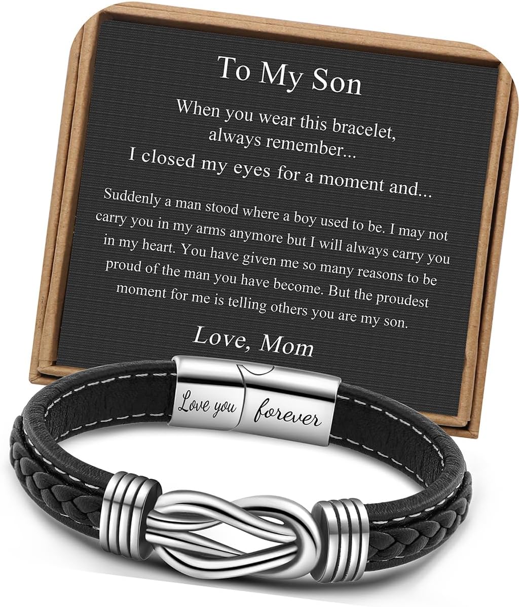 𝗞𝗻𝗼𝘁 𝗕𝗿𝗮𝗰𝗲𝗹𝗲𝘁 𝗚𝗶𝗳𝘁𝘀 𝗳𝗼𝗿 𝗠𝗲𝗻 Brown Braided Leather Stainless Steel Infinity Bracelets Lettering Love You Forever Gifts for Son Grandson Husband Boyfriend Brother Always Linked Together