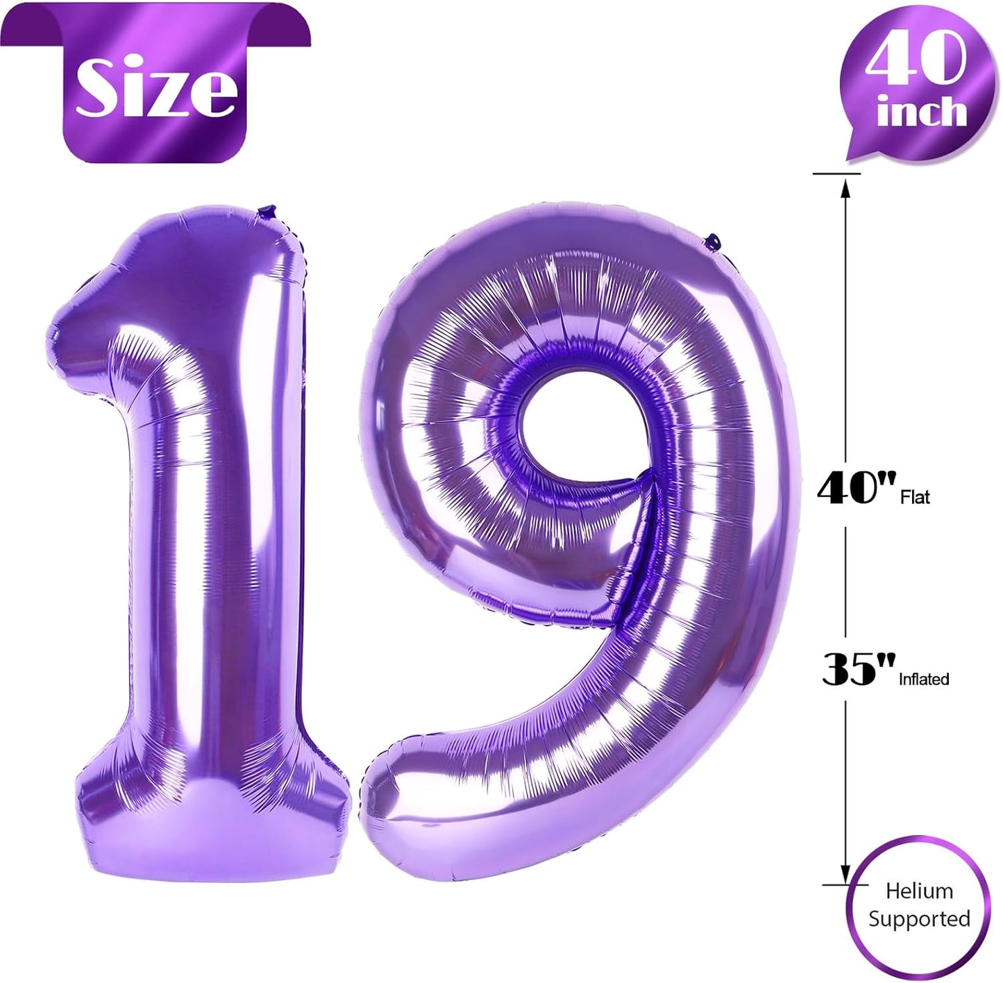 Purple Number 19 Balloon 40 inch, 19 Number Balloons, 19th Purple Birthday Decorations, 19 Year Old Girls Boys Party Supplies
