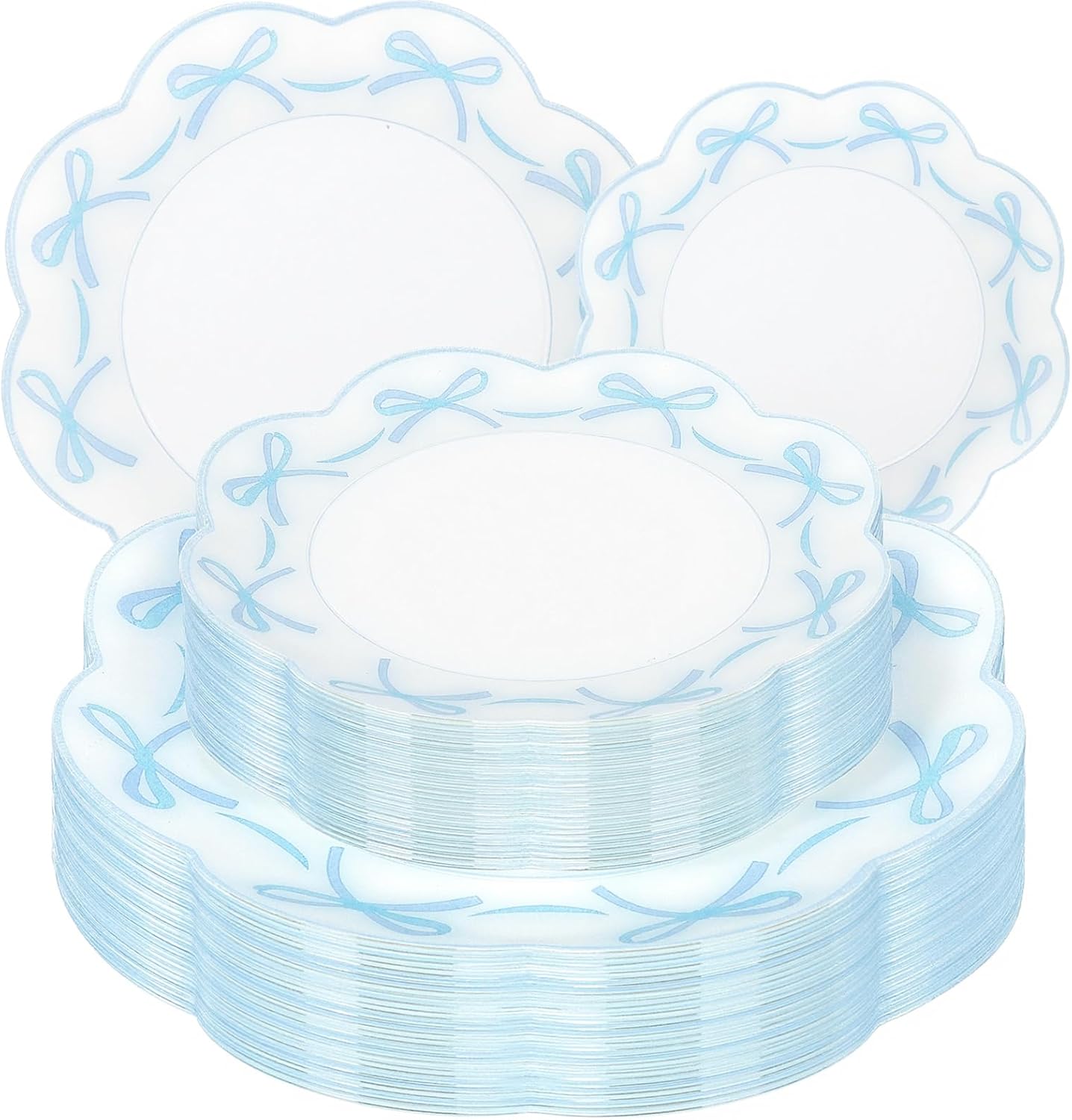 LIYH 60 Pcs Blue Bow Plastic Plates for Party - Blue Bow Knot Scalloped Plastic Plate Disposable Plates Set for Wedding Bridal Shower - 10.25" Dinner & 7.5" Dessert Plate