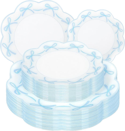 LIYH 60 Pcs Blue Bow Plastic Plates for Party - Blue Bow Knot Scalloped Plastic Plate Disposable Plates Set for Wedding Bridal Shower - 10.25" Dinner & 7.5" Dessert Plate