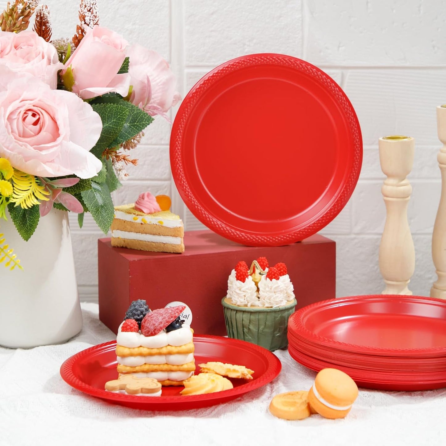 WELLIFE 7 Inch Red Dessert Plates 150 Count, Red Plastic Disposable Party Plates for Dessert Cake Appetizers Salad Easter Mother's Day
