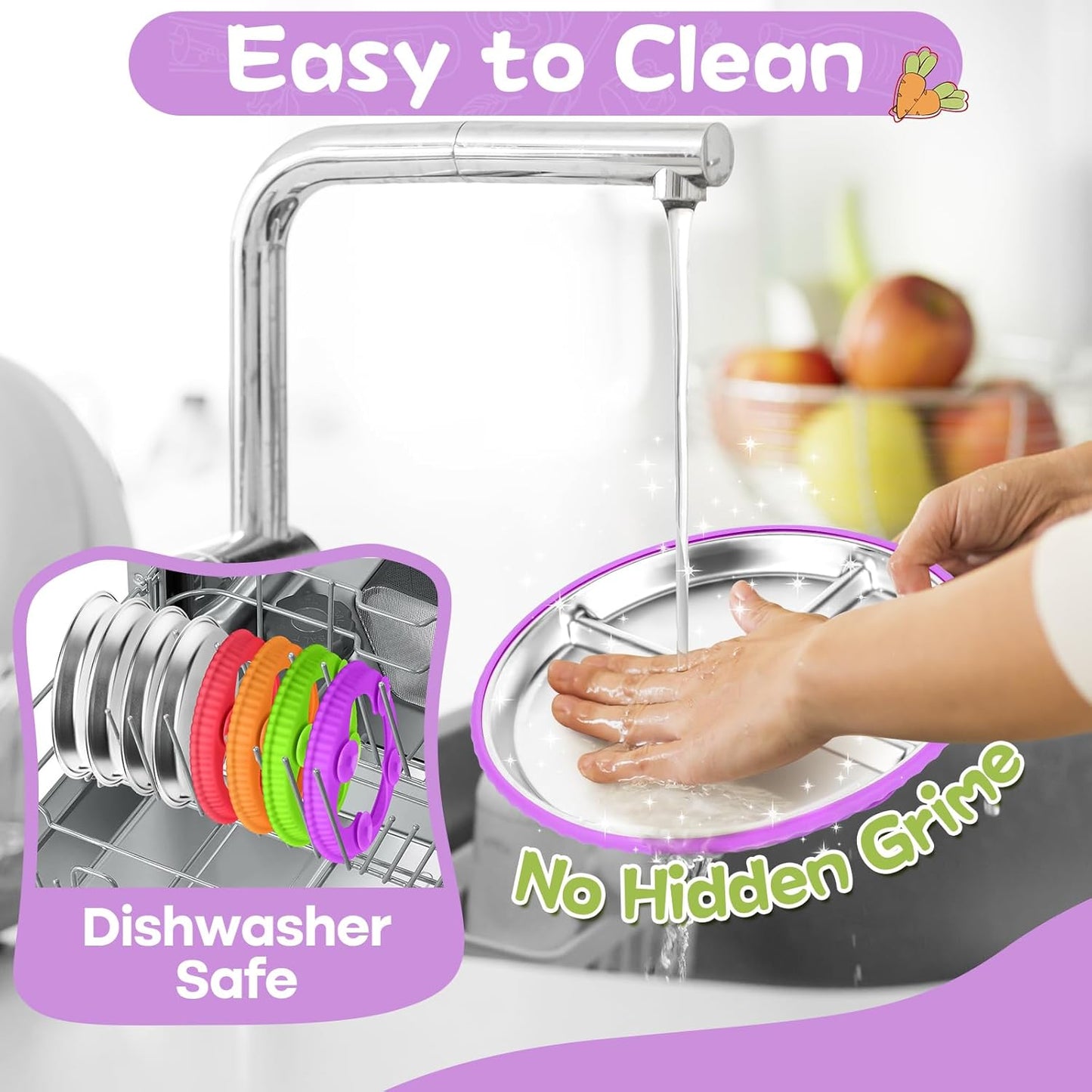 Stainless Steel Kids Plates with Suction, 2Pack 9" Divided Toddler Plates Removable Non Slip Silicone Sleeves Baby Feeding Led Weaning Supplies, BPA Free, Unbreakable Dishwasher Safe