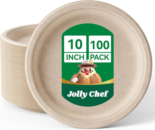 JOLLY CHEF Compostable Heavy Duty Plates 𝟭𝟬 𝗜𝗻𝗰𝗵 [𝟭𝟬𝟬 𝗣𝗮𝗰𝗸] Eco-Friendly Disposable Natural Paper Plate Bagasse Biodegradable Food Tray Bulk for Party Dinner Thanksgiving Day (Brown)