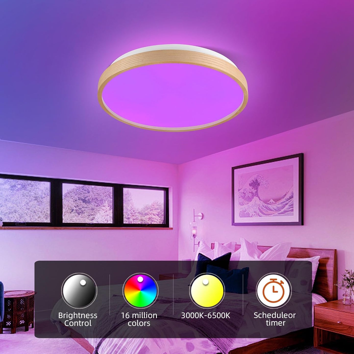 HOREVO Dimmable LED Flush Mount Ceiling Light Fixtur with Bluetooth Speaker & RGB Color Changing Light,24W 2700k-6500K, Modern Ceiling lamp with Remote Control for Living Room Bedroom Kitchen Dining‌