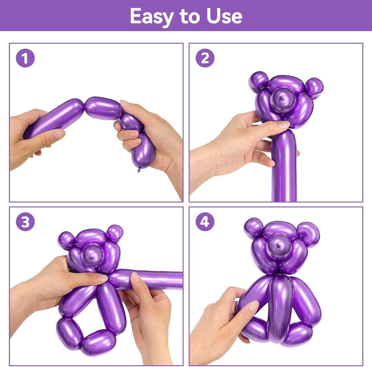 Metallic Pruple 260 Balloons Premium Long Twisting Animals Magic Balloons for Birthday Kids Wedding Party Supply 100pcs