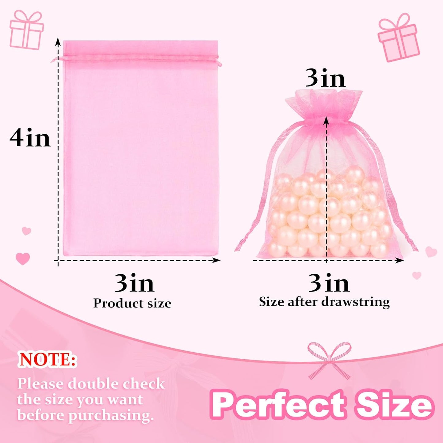 Crweety 50 Pcs Pink Organza Bags 3x4 Inch, Premium Mesh Gift Bags for Wedding Baby Shower Party Favors, Small Mesh Bags Drawtring for Candy Jewelry Gifts, Cute Sachet Bags