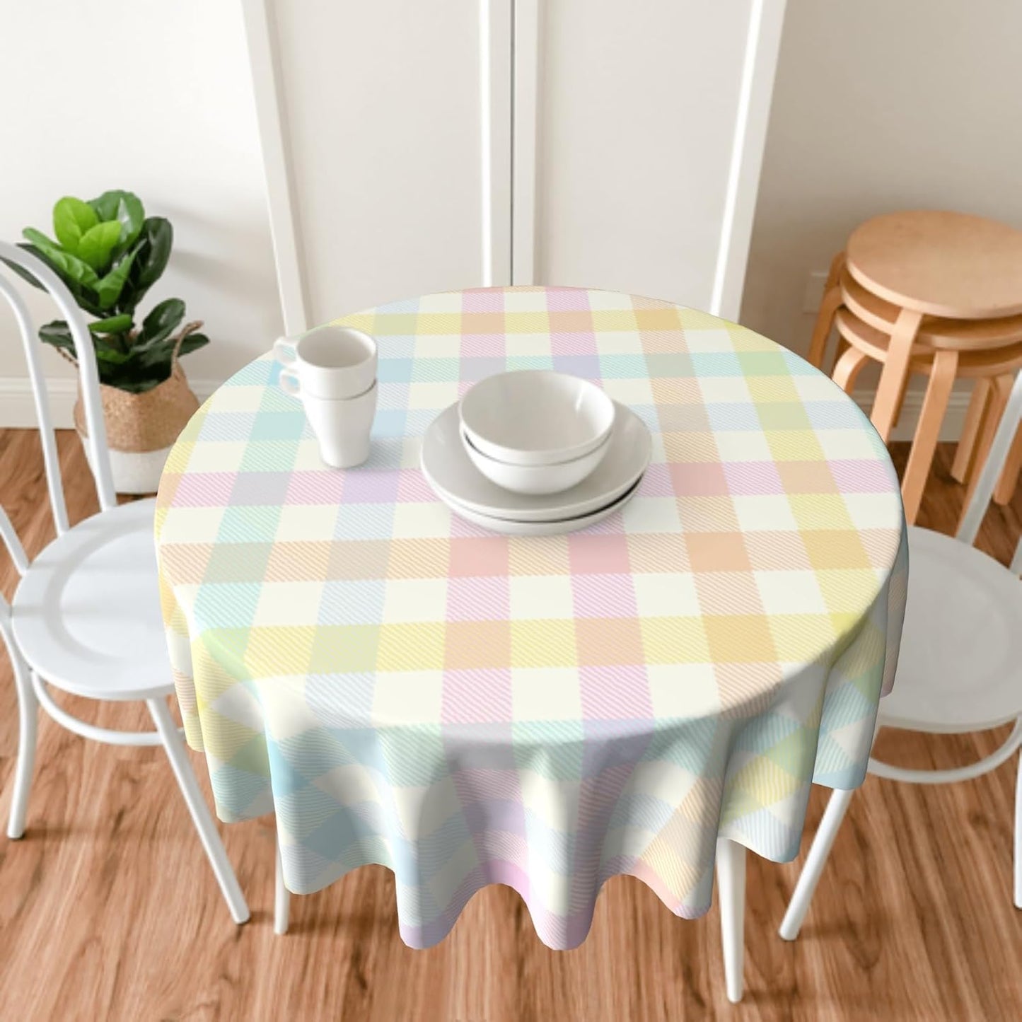 Giwawa 60in Easter Plaids Round Tablecloth Colorful Spring Checkered Circle Table Cover for Kitchen Dining Heat Stain Resistant Washable Table Cloth for Picnic Party Indoor Outdoor Decor