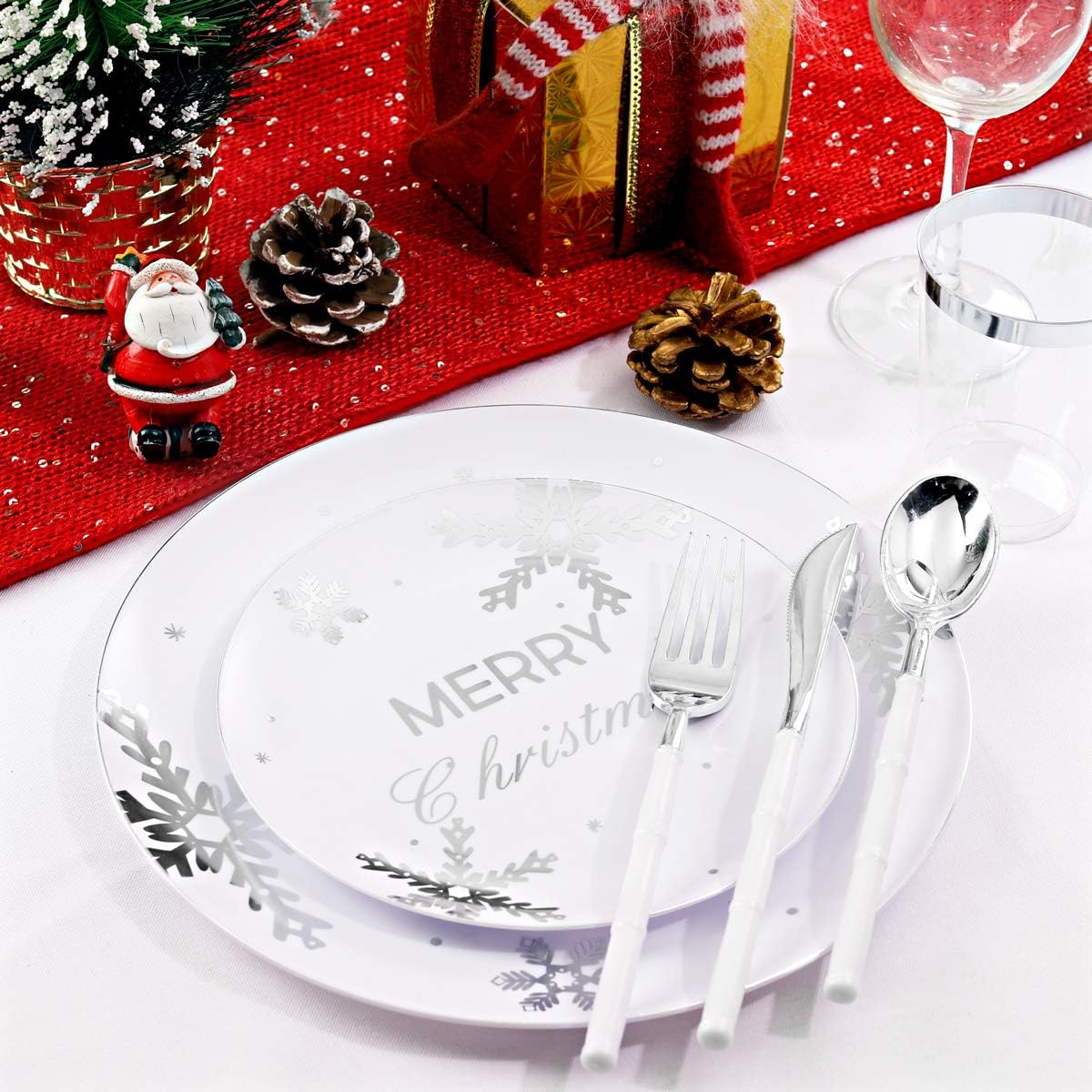 WDF 50Pieces Christmas Silver Plastic Plates- Snowflake Plastic Plates-Heavyweight White and Silver Disposable Plates for Christmas
