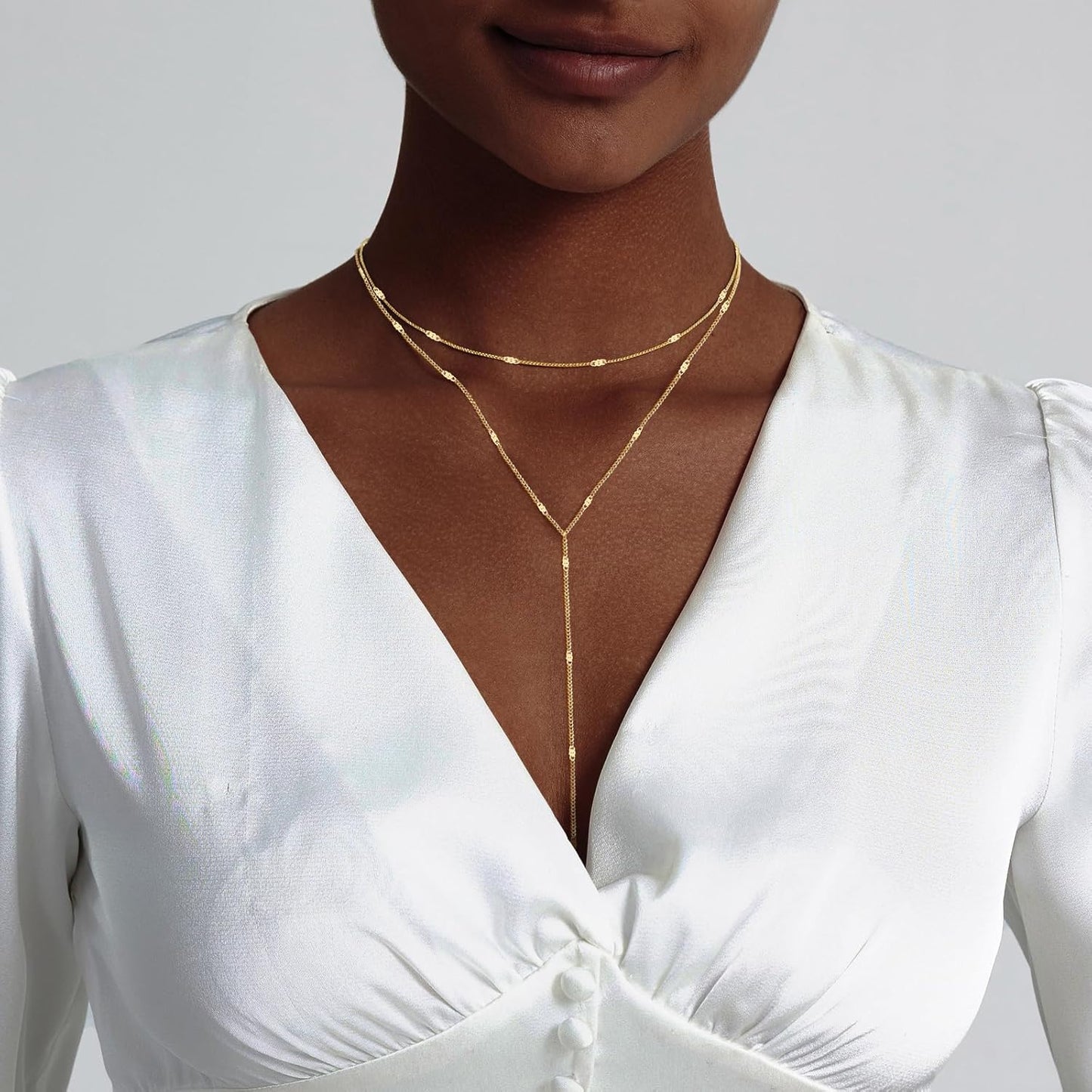 Luxval Lariat Gold Necklace for Women, Dainty Long Necklace 14k Gold Plated/Silver Y-Shaped Pendant Necklaces Trendy Beaded Chain Drop Necklaces Jewelry for Women Gifts