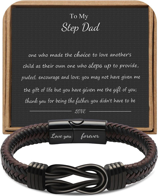 𝗞𝗻𝗼𝘁 𝗕𝗿𝗮𝗰𝗲𝗹𝗲𝘁 𝗚𝗶𝗳𝘁𝘀 𝗳𝗼𝗿 𝗠𝗲𝗻 Brown Braided Leather Stainless Steel Infinity Bracelets Lettering Love You Forever Gifts for Son Grandson Husband Boyfriend Brother Always Linked Together