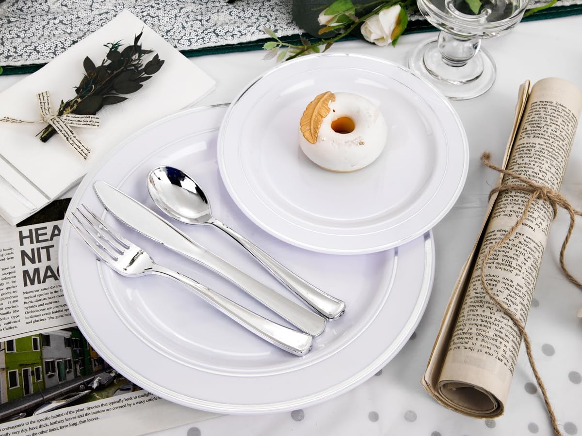 GATHER 176 Pieces Silver Plates - Disposable Silver Plastic Plates Includes 50 Plates, 75 Silverware, 25 Napkins, 25 Silver Rimmed Cups and 1 Tablecloth Perfect for Party & Weding