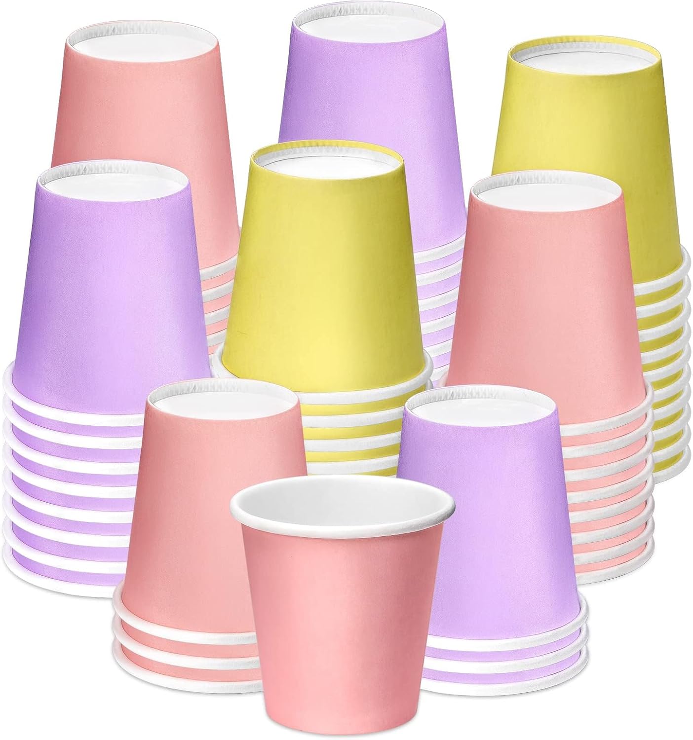 3 oz Paper Cups, 60 Pack Mouthwash Cups Bathroom Paper Cups Espresso Small Cups for Snack Bathroom Espresso, Perfect for Home Condos Rvs Campers (Purple, Pink, Yellow)