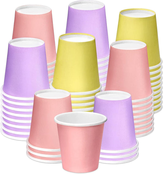 3 oz Paper Cups, 60 Pack Mouthwash Cups Bathroom Paper Cups Espresso Small Cups for Snack Bathroom Espresso, Perfect for Home Condos Rvs Campers (Purple, Pink, Yellow)