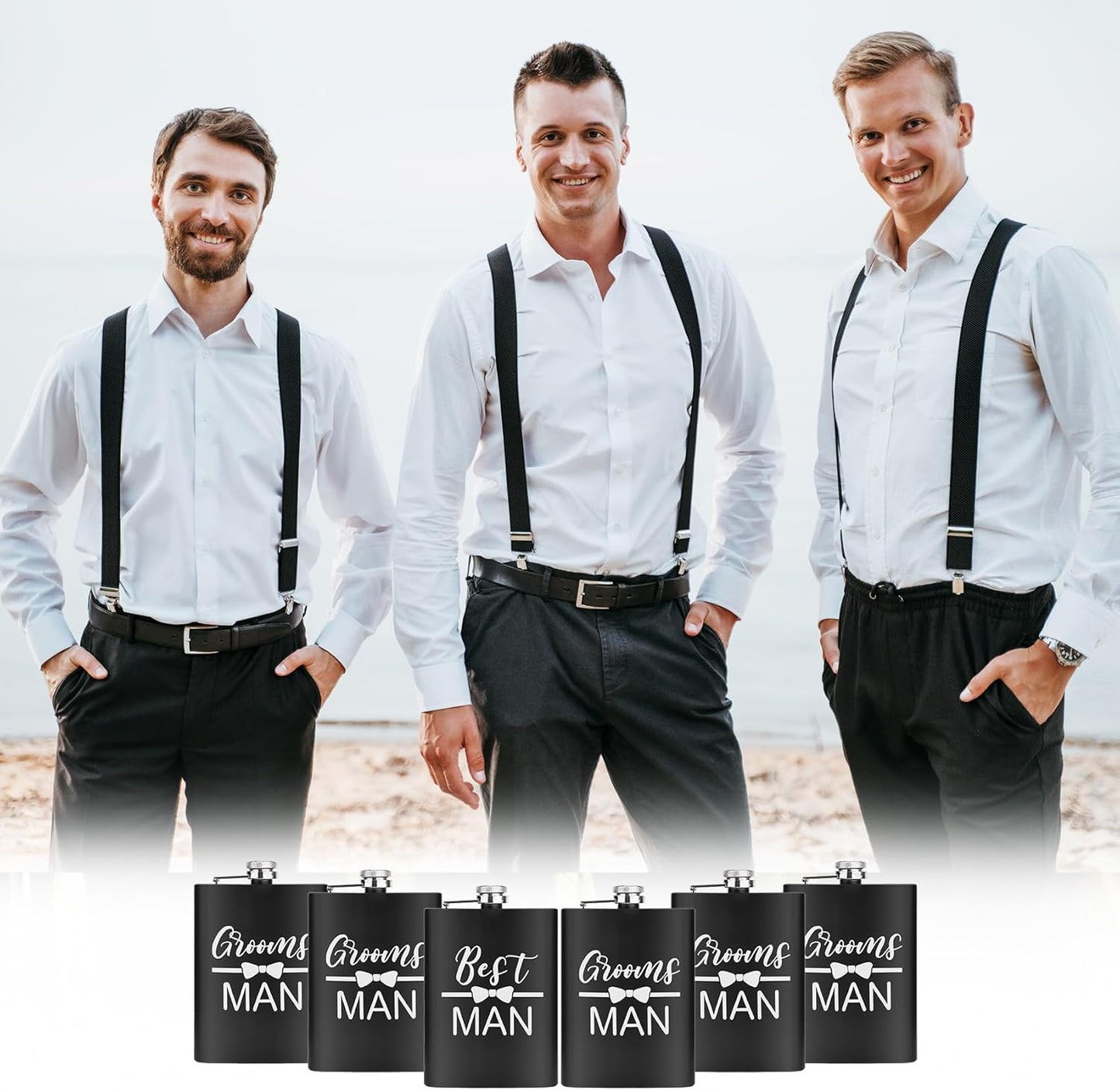 ELEGANTPARK Engraved Groomsman Flasks Set of 6 Best Man Groomsmen Proposal Gifts Wedding Bachelor Party Favor Stainless Steel Hip Flask for Liquor with Funnel for Men 8 OZ Black ﻿