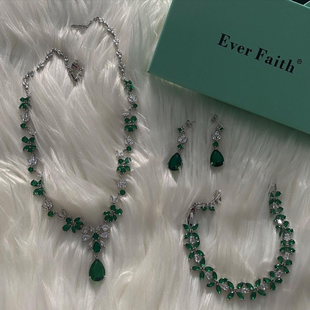 EVER FAITH Bridal Jewelry Set for Bride Bridesmaid, Flower Leaf Teardrop Cubic Zirconia Necklace Dangle Earrings Bracelet Sets Wedding Party for Women