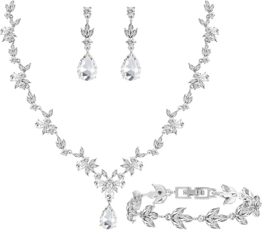 Bridal Wedding Elegant Floral Jewelry Set for Women/Brides/Bridesmaids Crystal Jewelry Set for Wedding Prom Party Bridal Crystal Necklace Earrings Bracelet Set