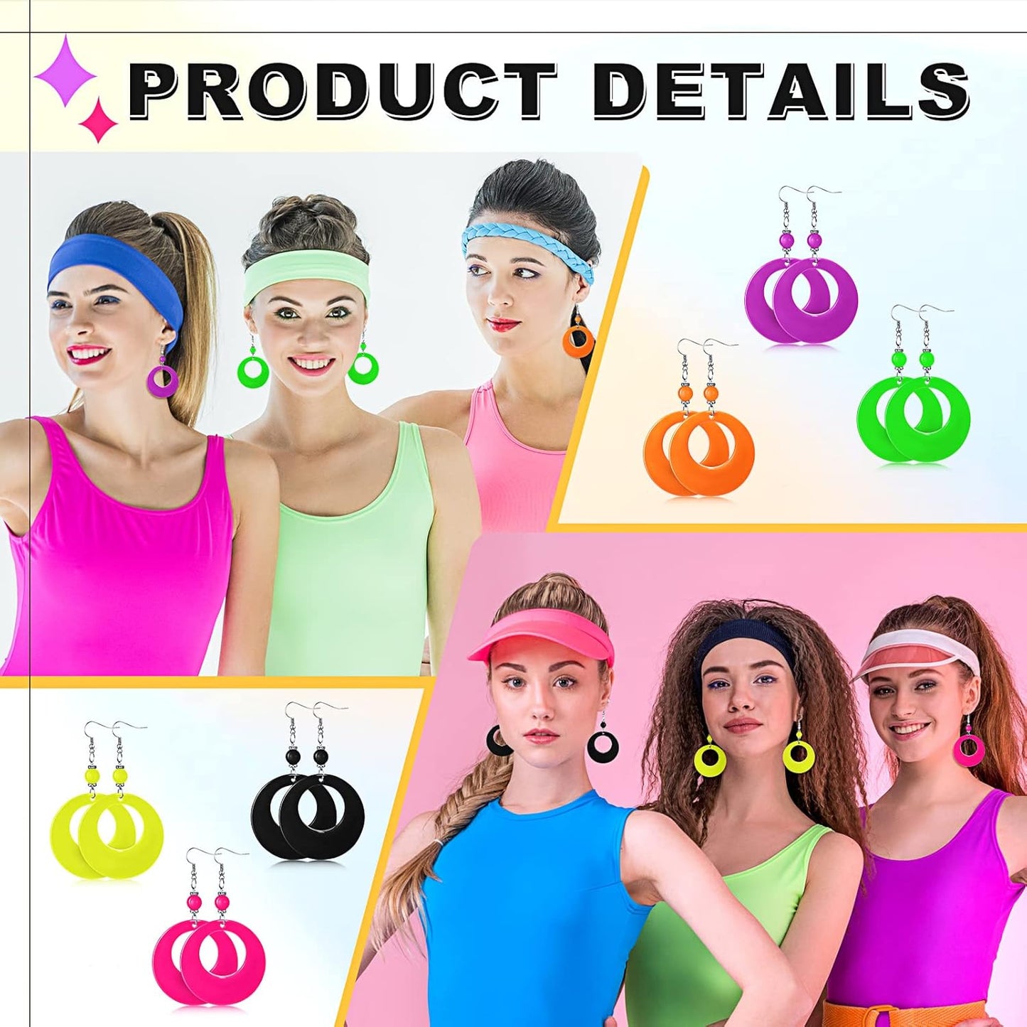 Yinkin 6 Pairs 80s 90s Neon Earrings Lightning Earrings for Women Halloween Costume Party Dancing Glow Party Accessory