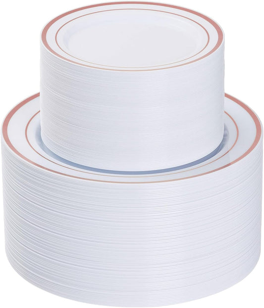 Goodluck 200PCS Rose Gold Plastic Plates, Heavy Duty Disposable Rose Gold Plates with 100 10.25 inch Dinner Plates and 100 7.5 inch Dessert Plates. Disposable Plates for Party, Wedding, Valentines