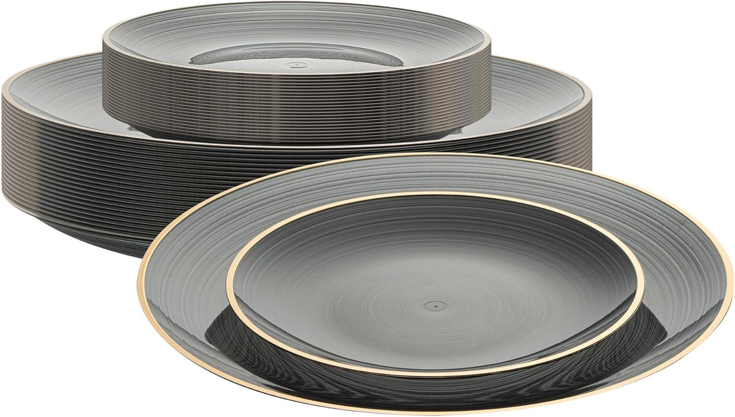 Restaurantware Plastic Plates 200 Pcs 7.13" and 10" Combo Gold Rimmed Plate Set Disposable Heavy-Duty Black Translucent Rippled Plastic Dinner Servers for Party, Weddings, Salads, Desserts
