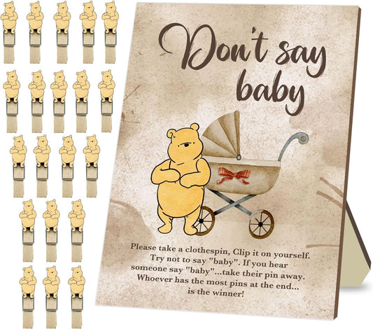 Winnie Don't Say Baby Game Set, Include Don't Say Baby Game Sign and 20 Mini Winnie Clothespins, Winnie Baby Shower Party Decor, Baby Shower Table Sign Centerpieces