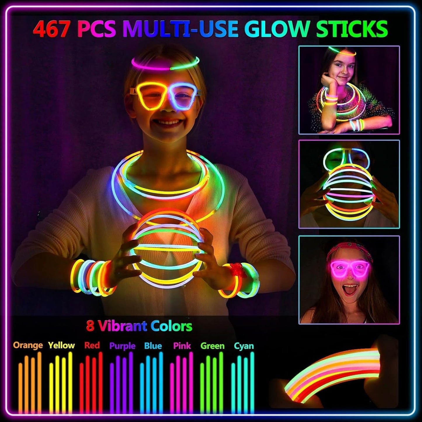 BUDI 467Pcs Glow Sticks Christmas Party Favors New Year Eve Party Supplies for Kids Adult Glow in the Dark 4th of July Accessories Neon Decors Glowsticks Bulk 8 Colors 8" with Connectors for Parties