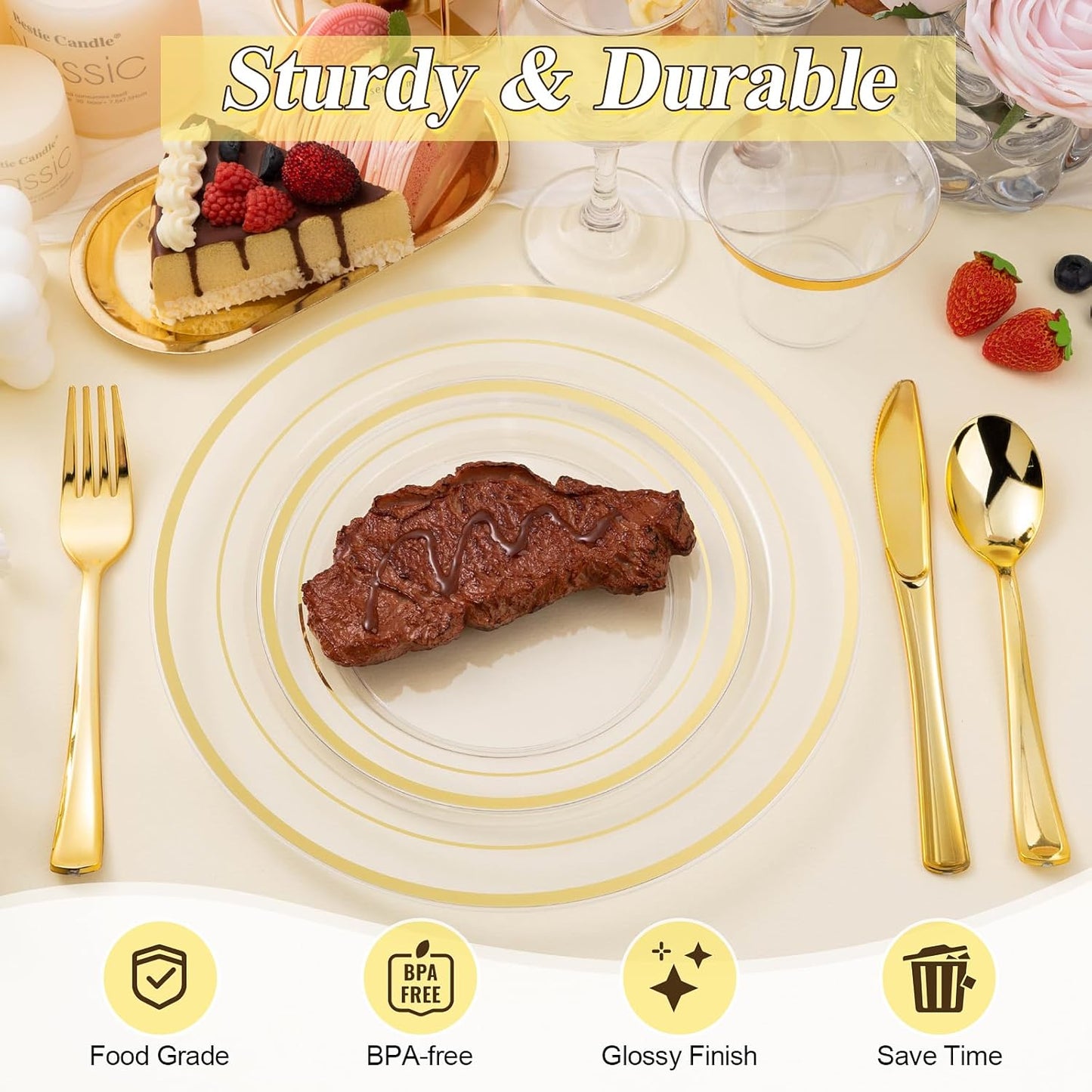 200PCS Clear Gold Plastic Plates Set, 100 10.25 inch Dinner Plates and 100 7.5 inch Dessert Plates, Disposable Plates for Party, Wedding