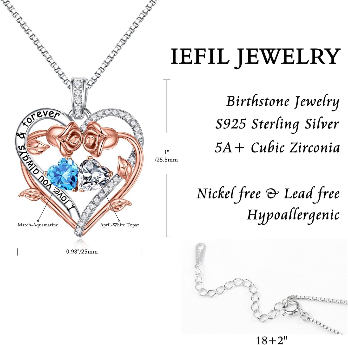 Iefil Rose Heart Double Birthstone Necklace Gifts for Wife Her Mom Women, Birthstone Jewelry Gemstone Birthday Gifts for Girlfriend Grandma Her Wife Women