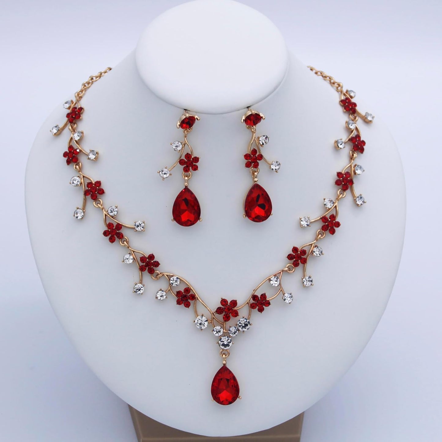 Jewelry Sets for Women Wedding Flower Necklace and Dangle Earrings Gold-Plated Rhinestones Teardrop Pendants Necklace Set for Bridal Party Accessories
