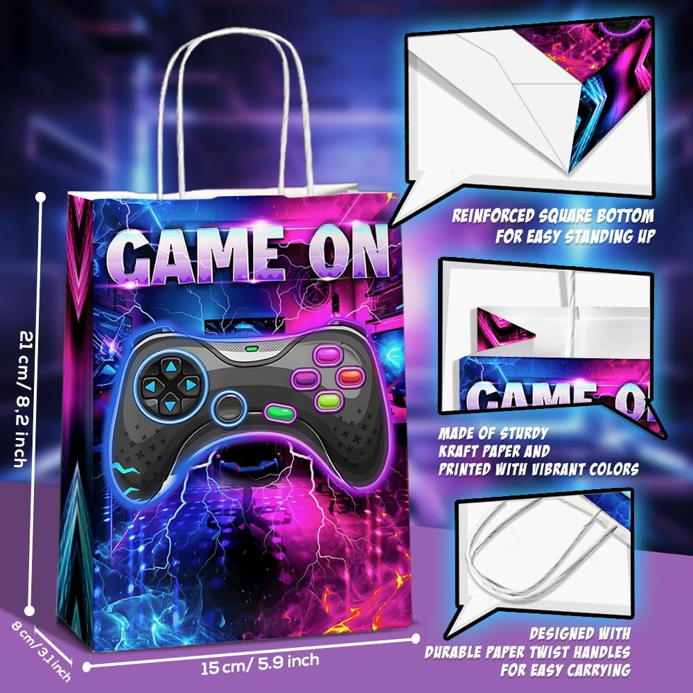 JOYGATHER 24 Pcs Gamer Party Favors Bags with Handles, Video Game Goodie Bags, Gift Bags, Candy Bags with 2 Different Types, Gaming Kraft Paper Bags for Birthday Party Supplies Baby Shower Decorations