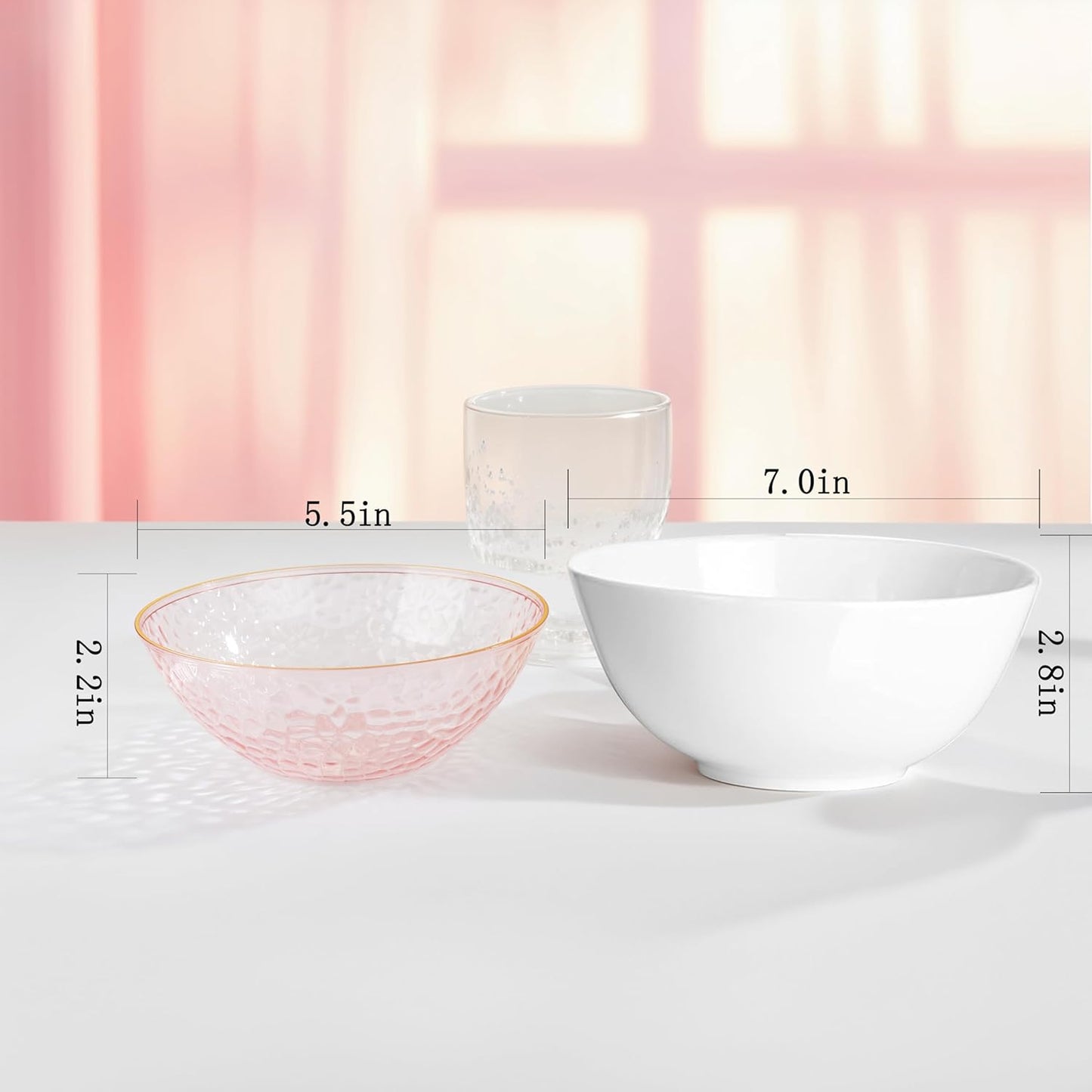 I00000 50 Pack 12 Ounce Pink Plastic Bowls Hammered Clear Bowl with Gold Rimmed, Heavy Duty Disposable Bowl Set,Elegant Salad/Dessert/Ice Cream Small Bowls for Thanksgiving Party