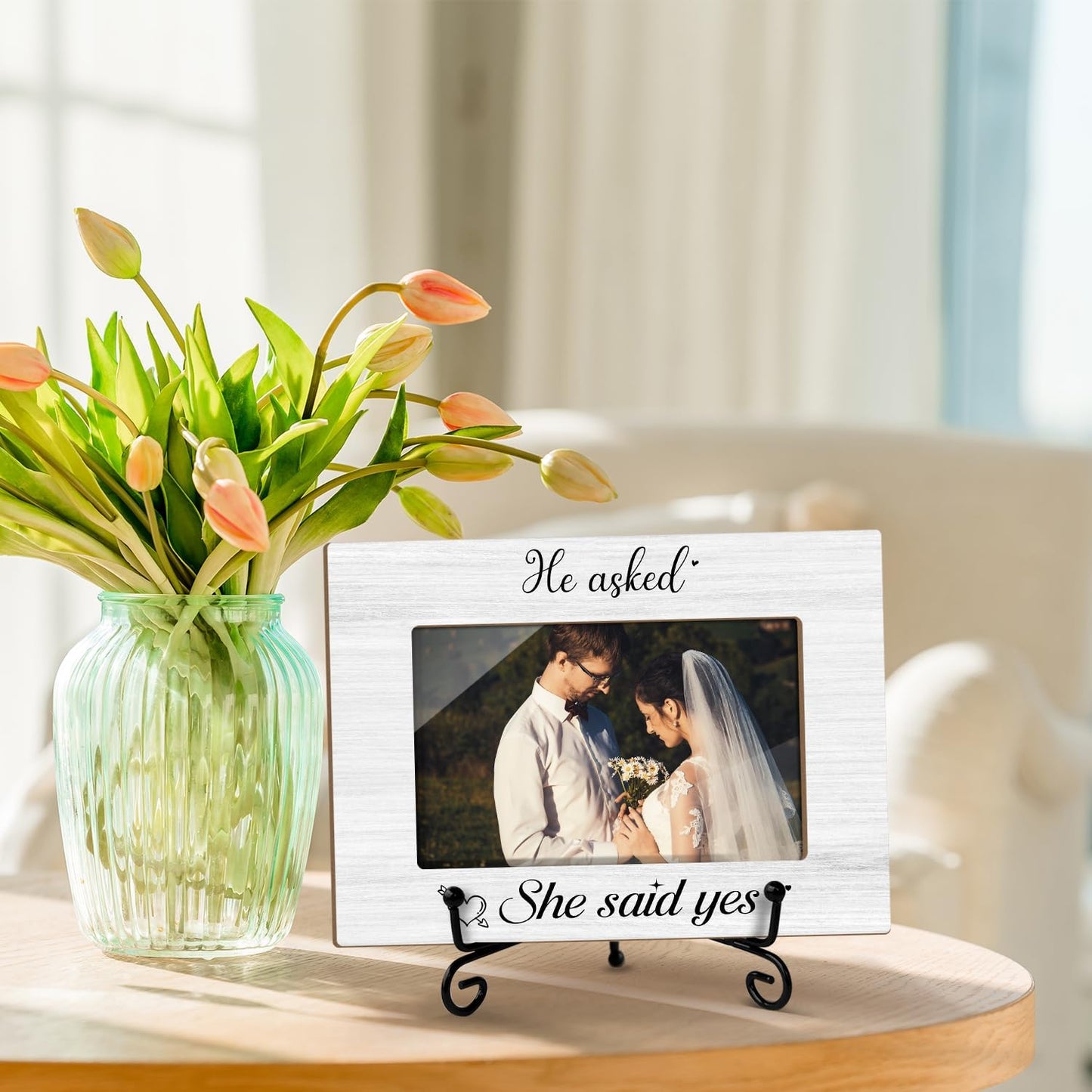 Engagement Picture Frame, He Asked She Said Yes, Wedding Engagement Gifts For Couple Newlyweds Bride Groom, 4x6 Wooden Picture Frame Tabletop Display Home Decor -07