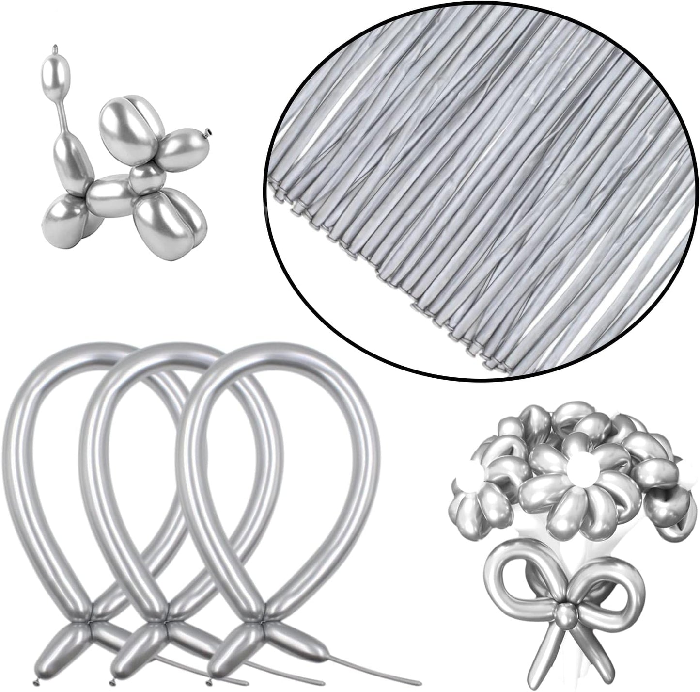 Silver Metallic 260 long Balloons 100 Pack Modeling Long Magic Balloons Shiny Latex DIY Animal Balloon for Birthday Wedding New Year Festival Party Decoration (Silver Twisting Balloons)