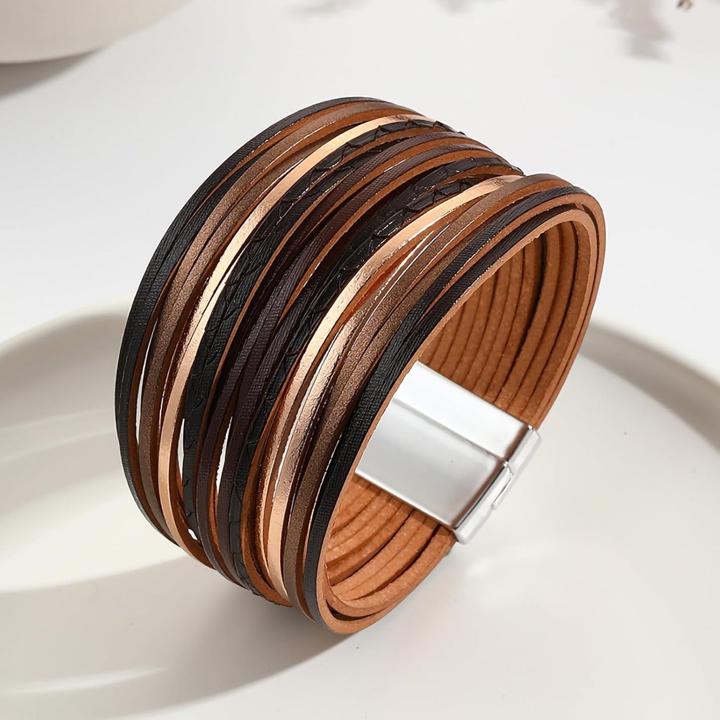 Fesciory Leather Wrap Bracelets for Women, Boho Leopard Multi-Layer Crystal Beads Cuff Bracelet Jewelry