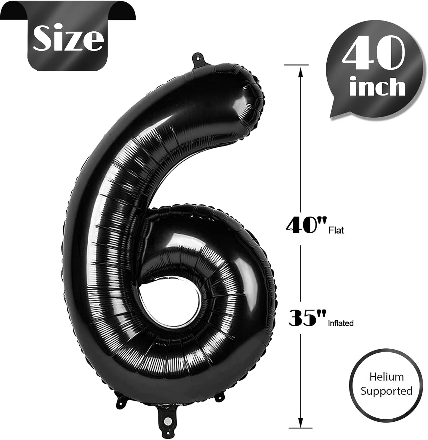 Black 40 Inch Number Balloon, 6th Birthday Decorations for Girl and Boy, Unisex, Reusable, Self-Sealing, Gold Accents, Party Supplies, 1 Piece