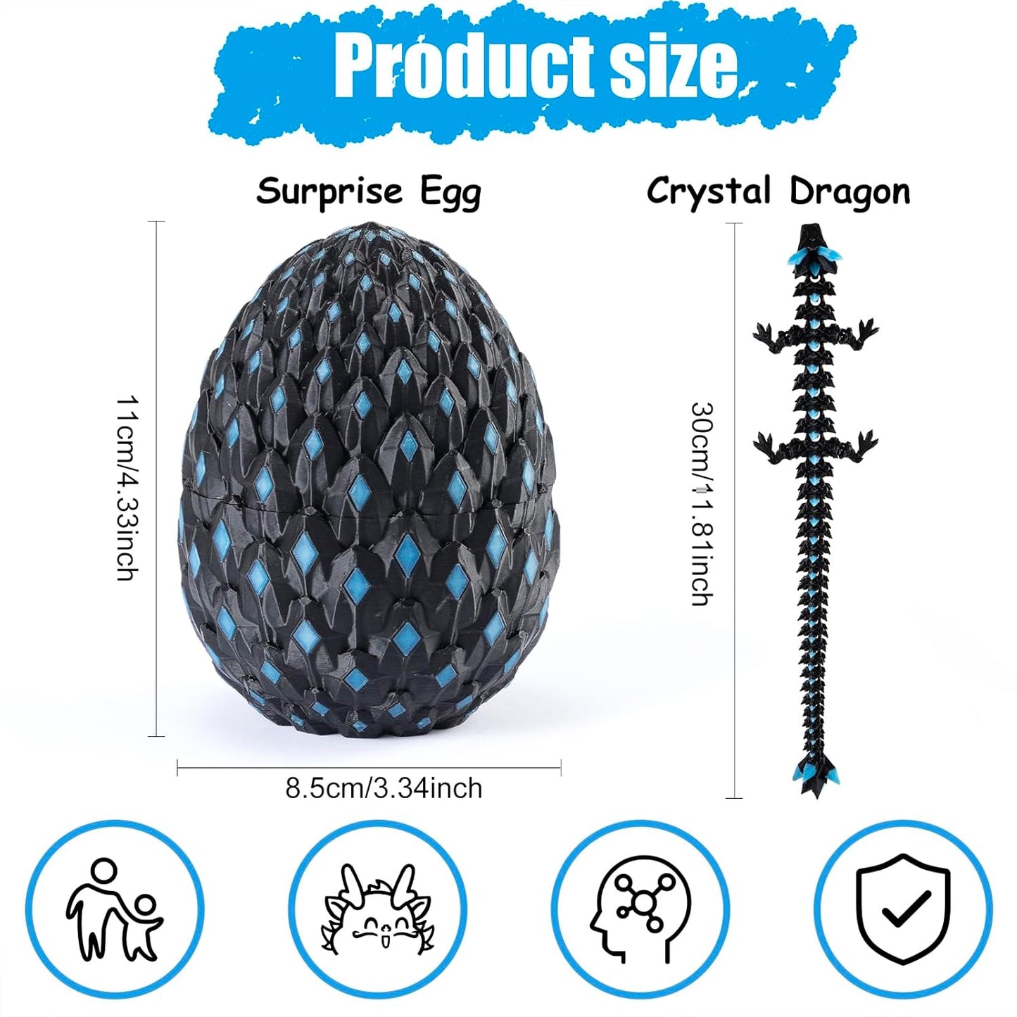 11.81" 3D Printed Glow in The Dark Dragon with Egg & USB UV Flashlight, Crystal Articulated Dragon Fidget Toy for Kids, Dragon Egg Gift for Boys Girls Ages 4+, Birthday Halloween