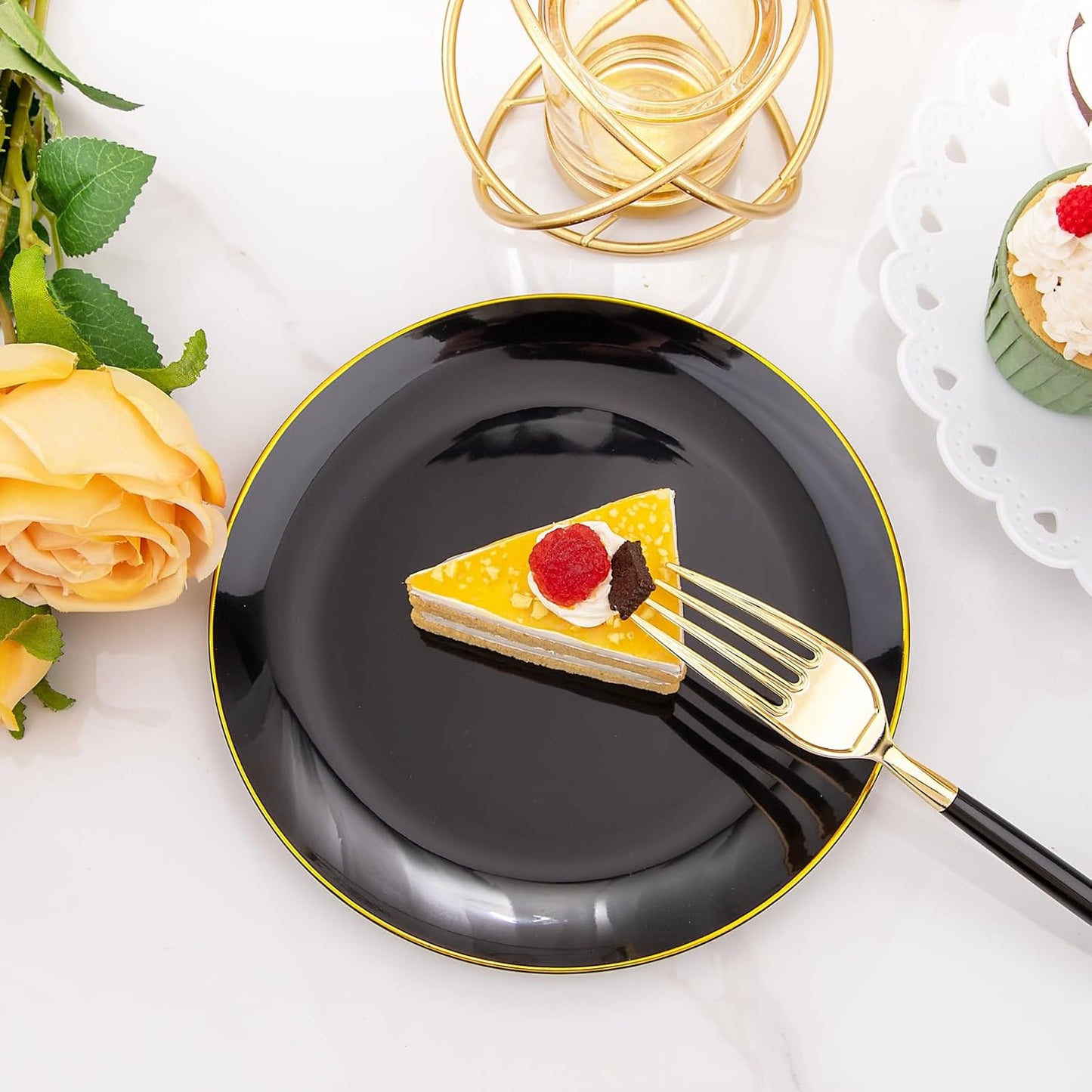I00000 144Pcs Black and Gold Dessert Plate Set, Including 72Pcs Black and Gold Plastic Plates 7.5" and 72Pcs Disposable forks 8.5", Fancy Salad Plates with Gold Rim for Thanksgiving and Party