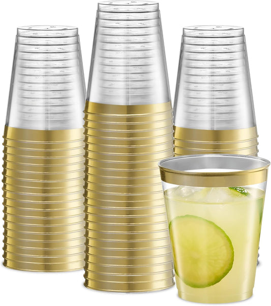 PLASTICPRO Disposable 8 oz Crystal Clear Plastic Tumblers With Gold Rim for Party's & Weddings pack of 50