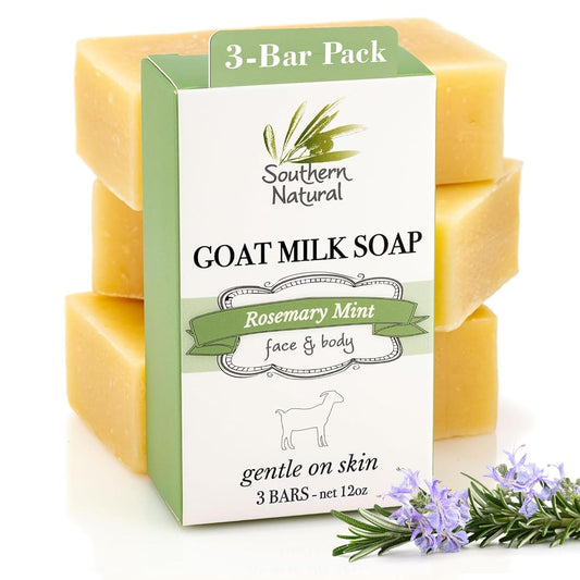 Southern Natural Goat Milk Soap Bar - 3 Pack Rosemary Mint - For Dry Sensitive Skin. Natural, Handmade Soap For Men, Women & Kids. Use On Face & Body