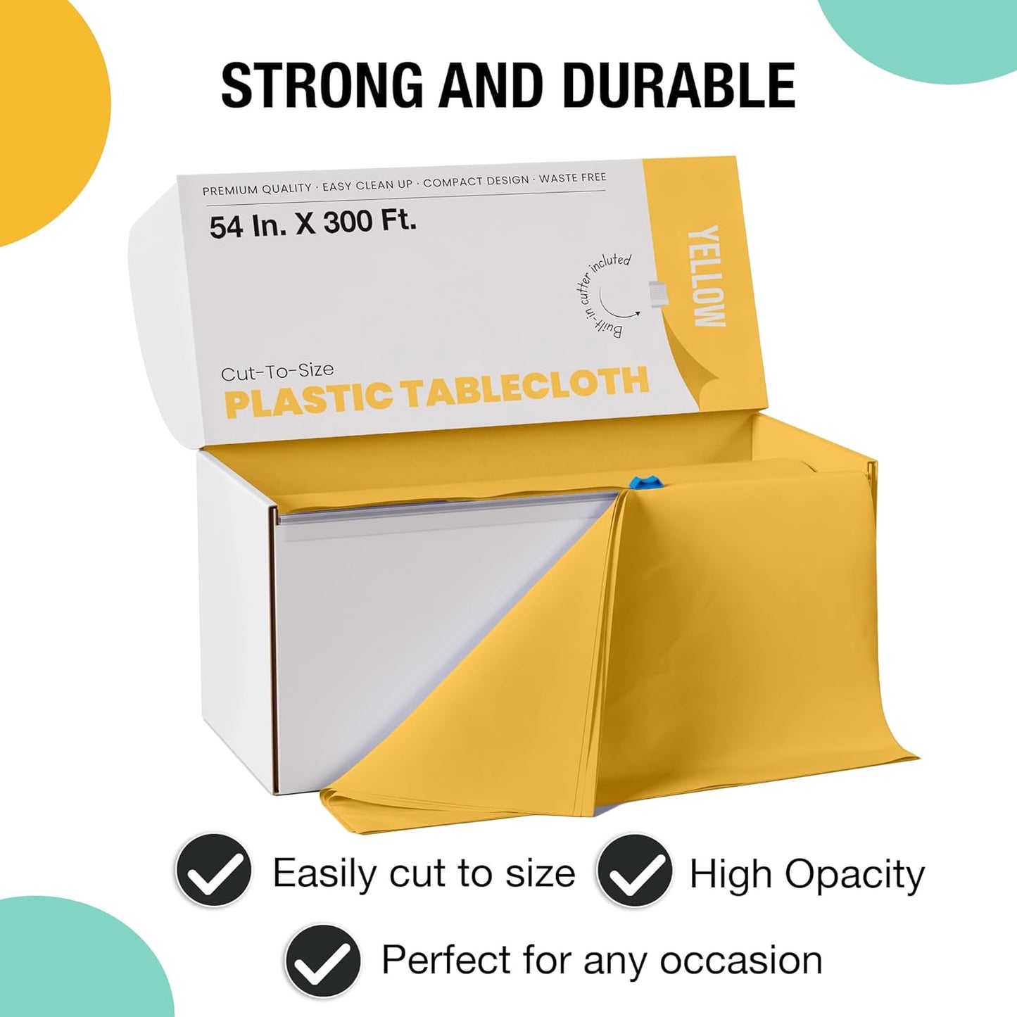 Party Solids 54 Inch X 300 Feet Yellow Plastic Table Cover Roll in A Cut - to - Size Box with Convenient Slide Cutter. Cuts Up to 36 Rectangle 8 Feet Plastic Disposable Tablecloths