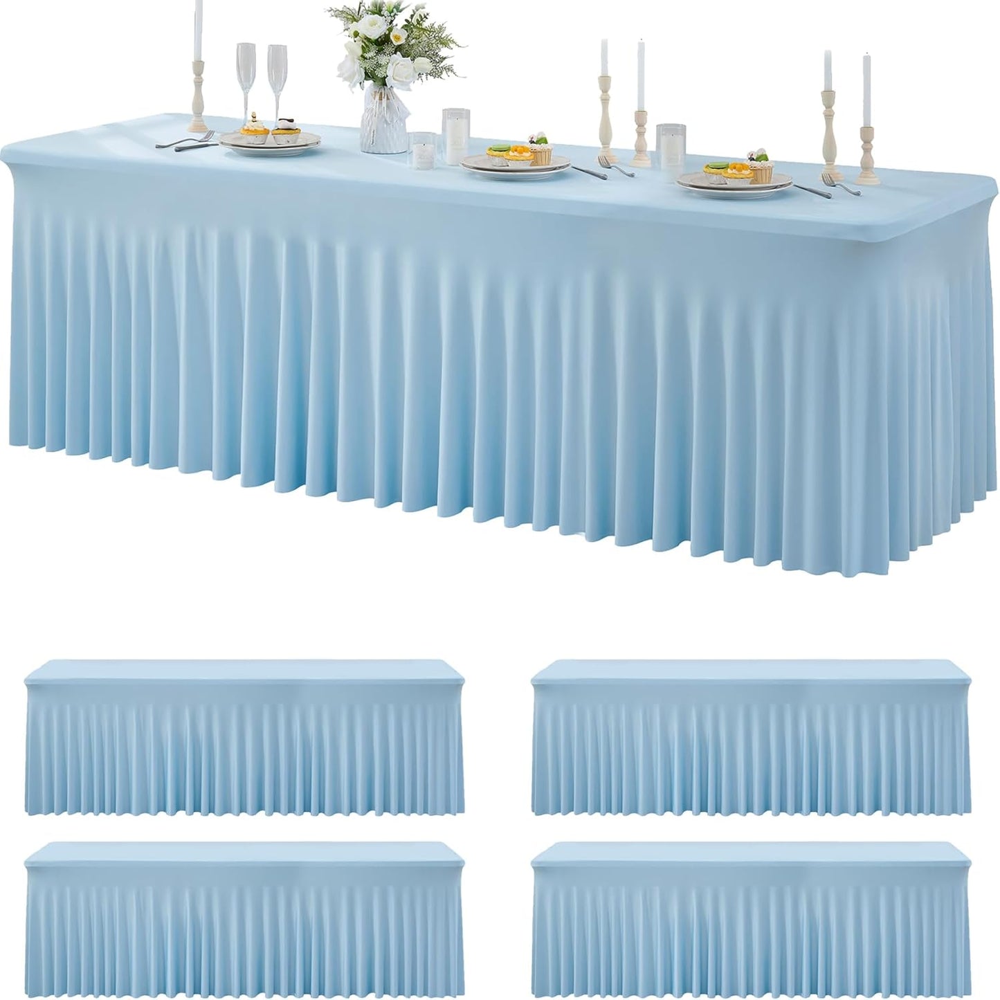 4 Pack Spandex Baby Blue Tablecloth for 8 Foot Rectangle Tables, Wrinkle Free Fitted Table Cloth 8ft Stretchy Light Blue Tablecover Desk Skirt for Birthday Party Wedding Banquet Baby Shower