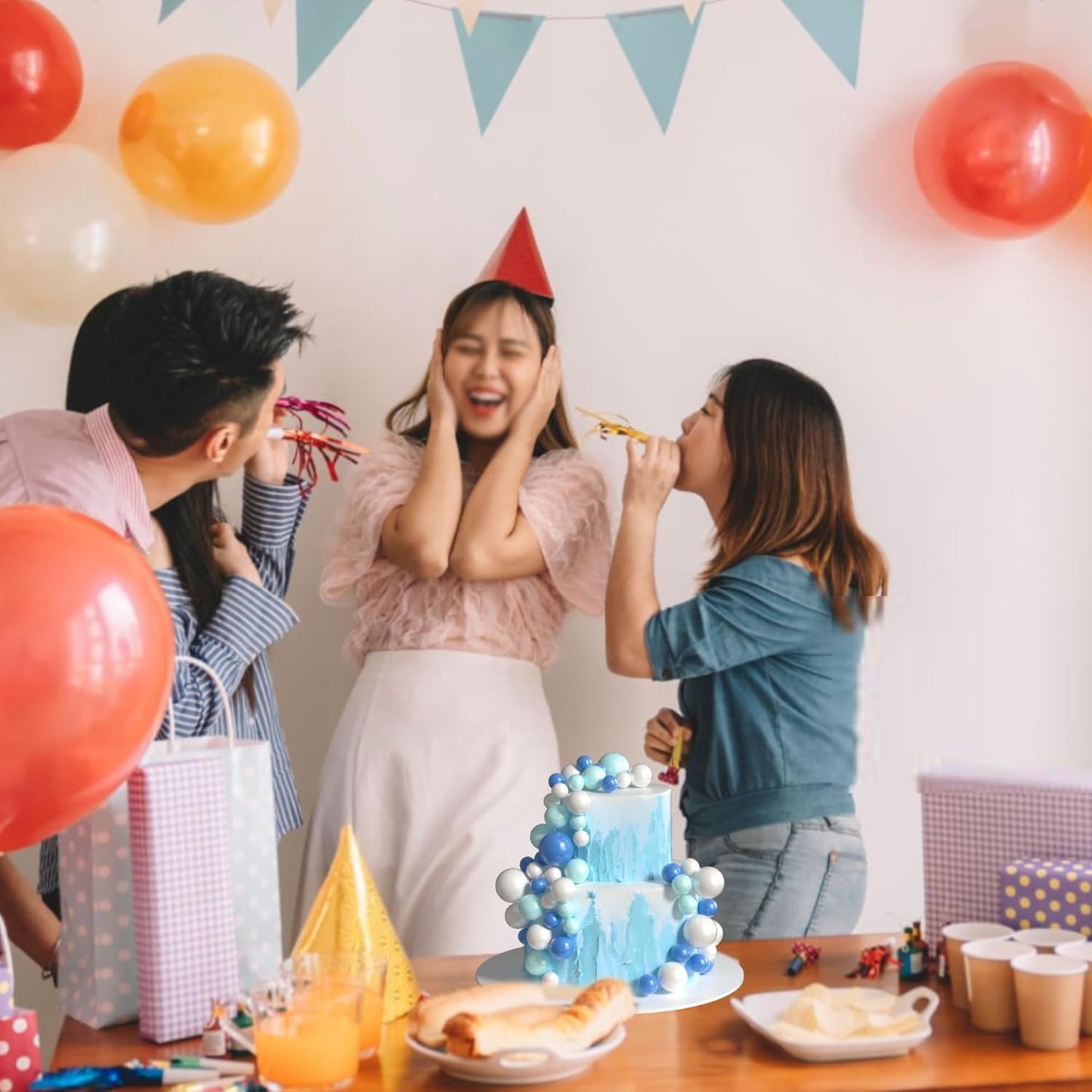 36 Pack Balls Cake Topper Decorations Foam Balloons Cake Decorations Sticks Mini Balloons Cake Toppers Balls Cake Picks for Baby Shower Wedding Anniversary Birthday Party Decorations Blue White