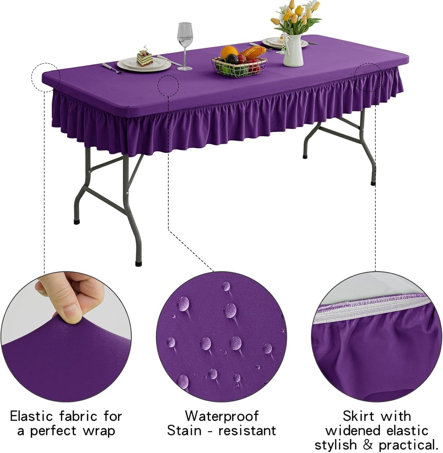 6ft Purple Stretch Tablecloth for Rectangular Tables - Flared Wrap Design, Waterproof, Wrinkle-Resistant, Washable - Ideal for Weddings, Parties, Banquets & Table Protection