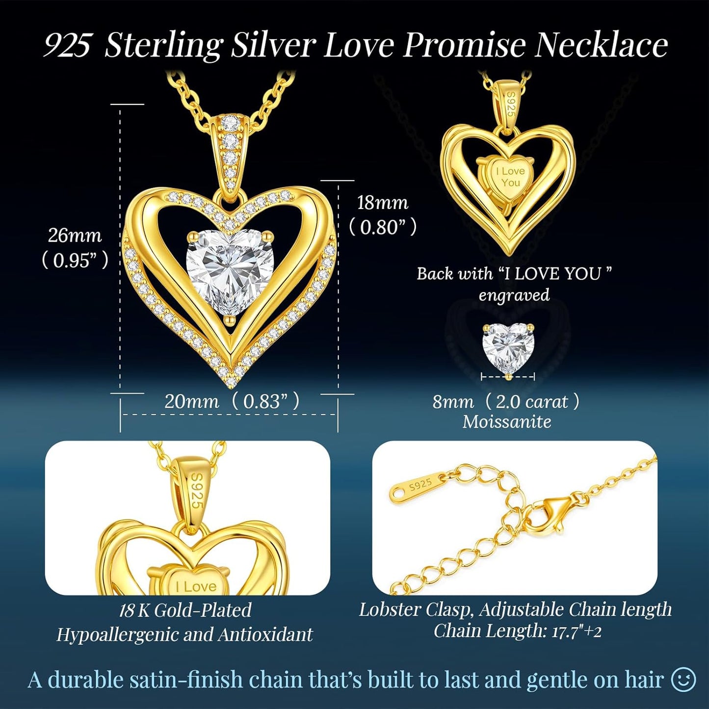 Moissanite Infinity Love Heart Pendant Necklaces for Women, 1-3 Carat 925 Sterling Silver 18K Gold Plated Engraved with"I LOVE YOU', Anniversary Birthday Present Jewelry Christmas Day Gift for Women Wife Girlfriend Her